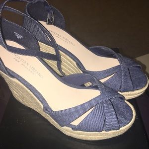 Blue wedge sandal with ankle strap